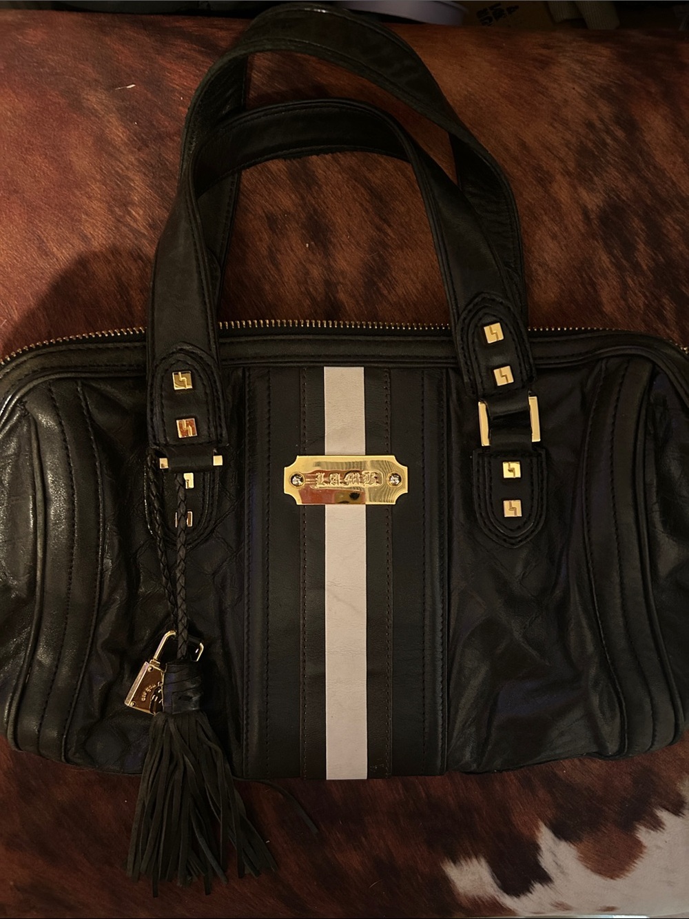 L.A.M.B. Black Leather Shoulder Bag with White Racing Stripe and Gold Hardware